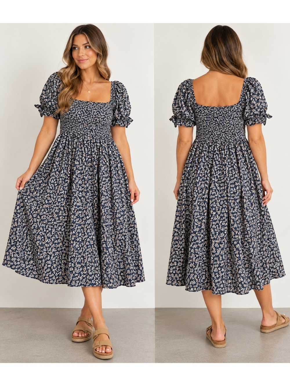 Rylee + Cru XL Linen Floral Smocked Puff Sleeve Midi Dress Cottagecore Boho